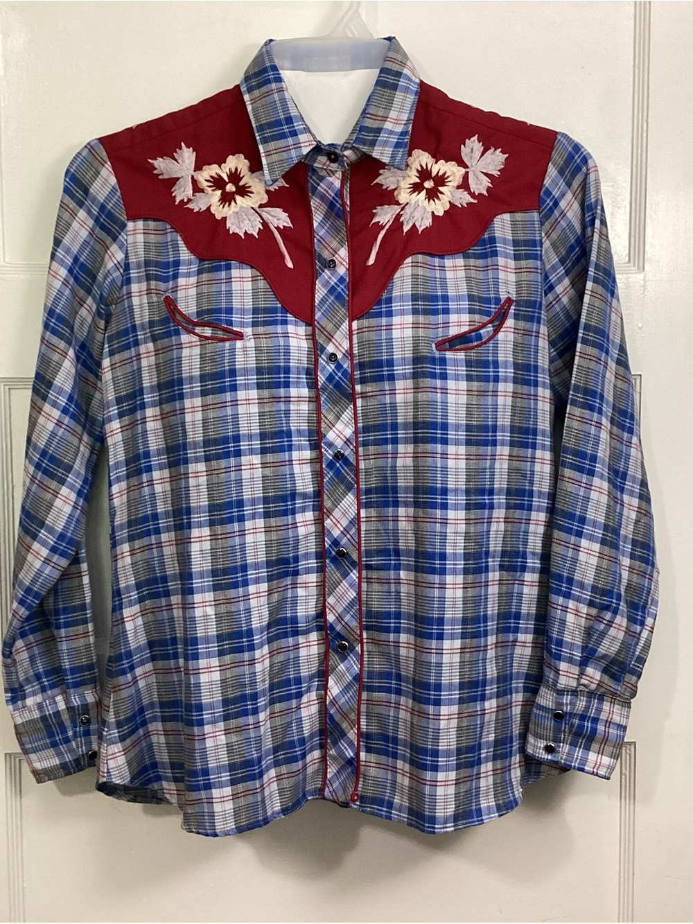 VTG Embroidered Western Cowgirl Rodeo Shirt - Blue & Red Plaid - Kenny Rogers